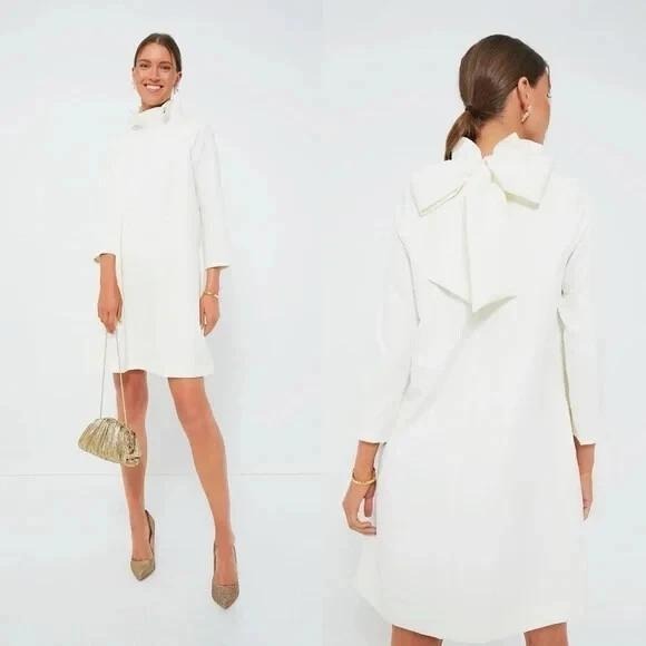 NWT Tuckernuck XL Ivory Ruffle Neck Bow Tie Detail Long Sleeve Shift Mini Dress - Picture 1 of 12